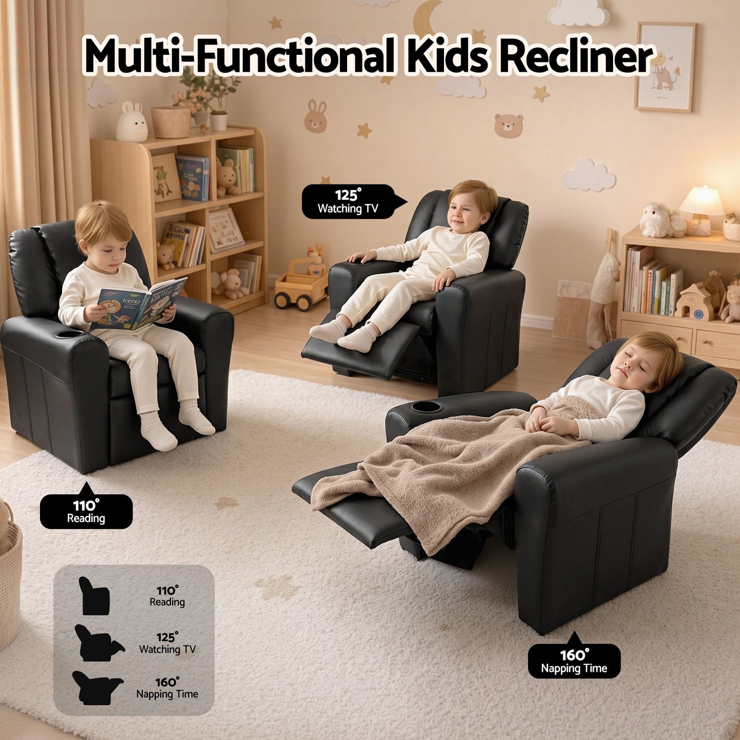 Keezi Kids Recliner Chair Black PU Leather Sofa Lounge Couch Children Armchair KID-RECLINER-BK