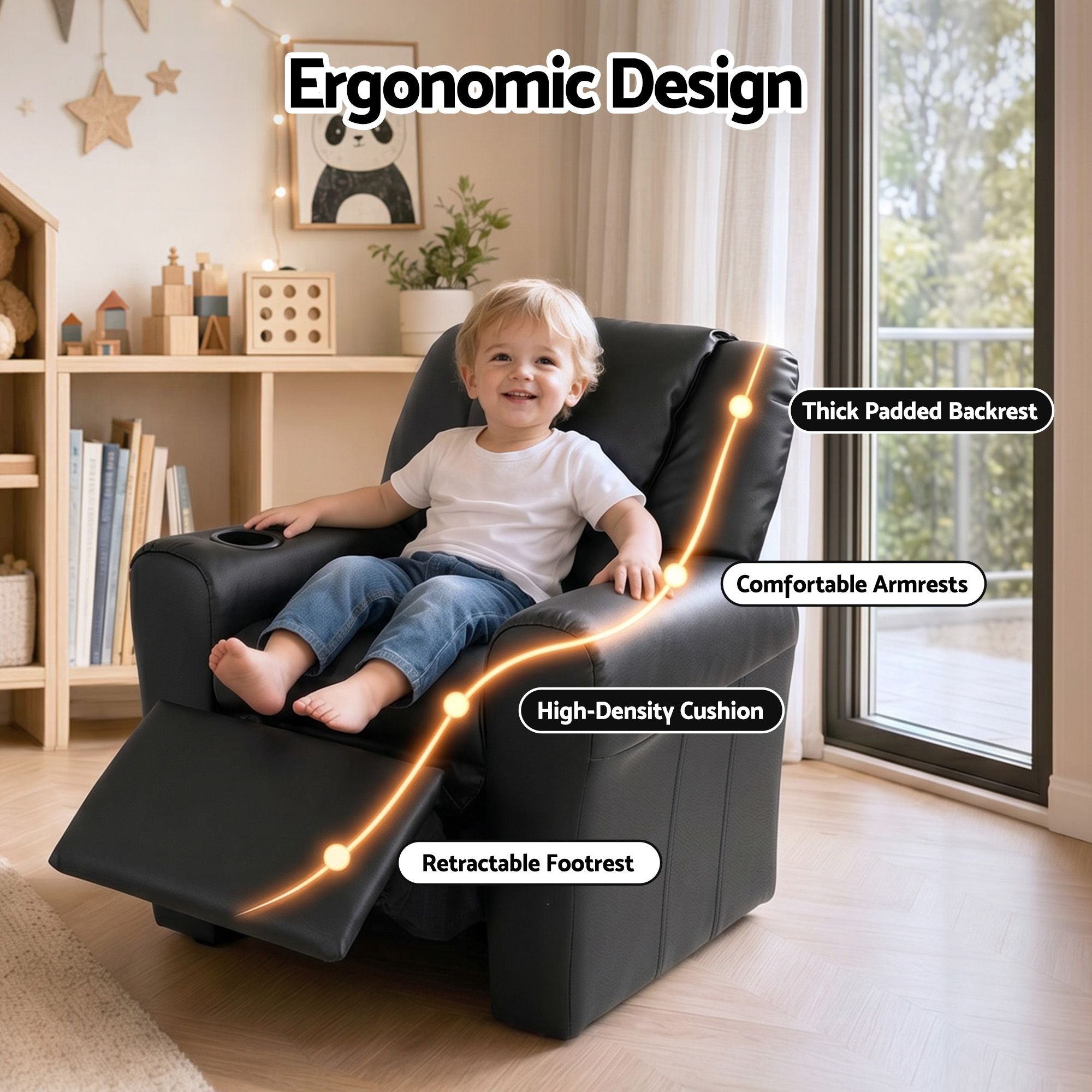 Keezi Kids Recliner Chair Black PU Leather Sofa Lounge Couch Children Armchair