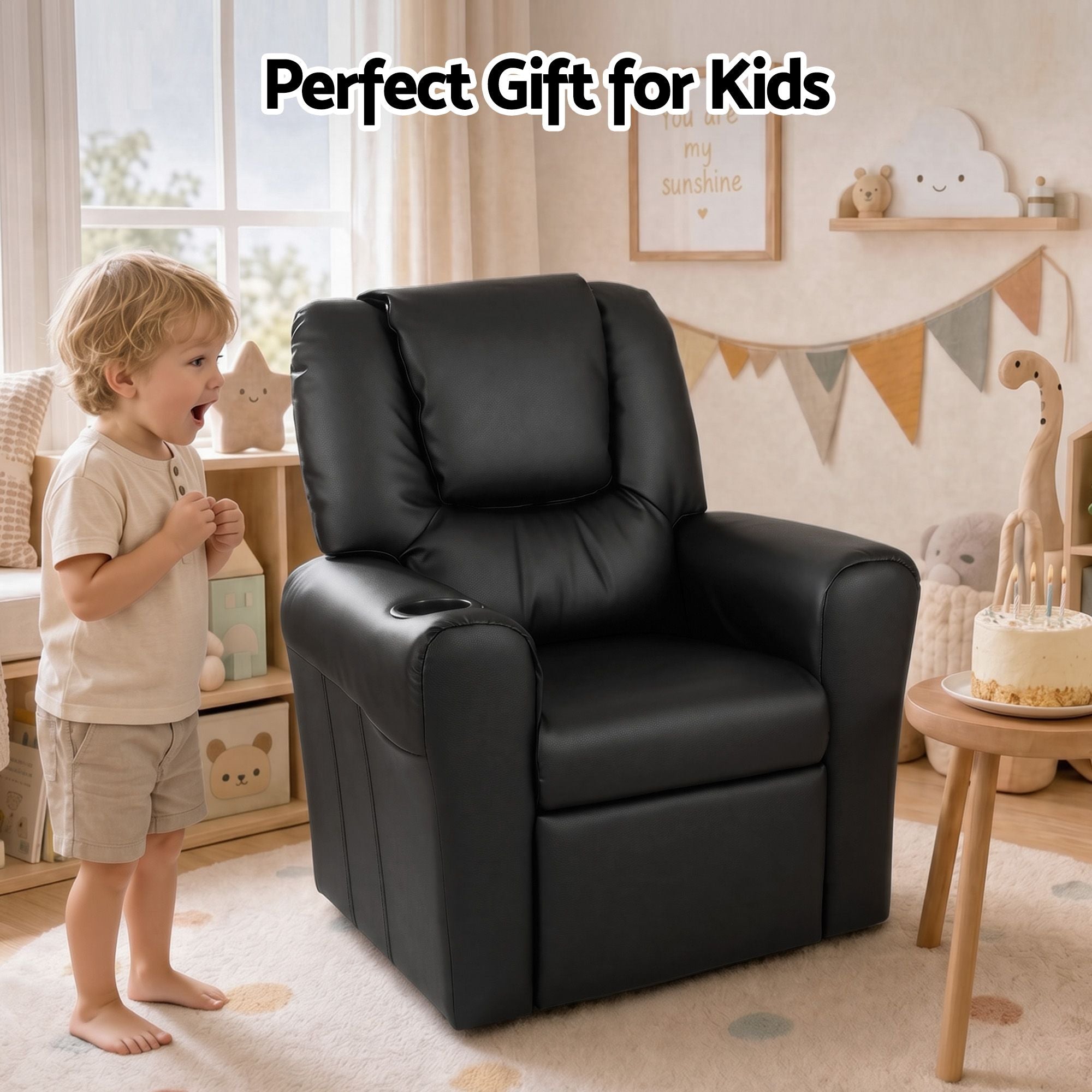 Keezi Kids Recliner Chair Black PU Leather Sofa Lounge Couch Children Armchair