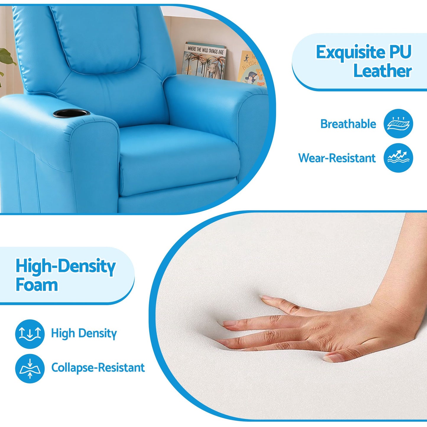 Keezi Kids Recliner Chair Blue PU Leather Sofa Lounge Couch Children Armchair KID-RECLINER-BU