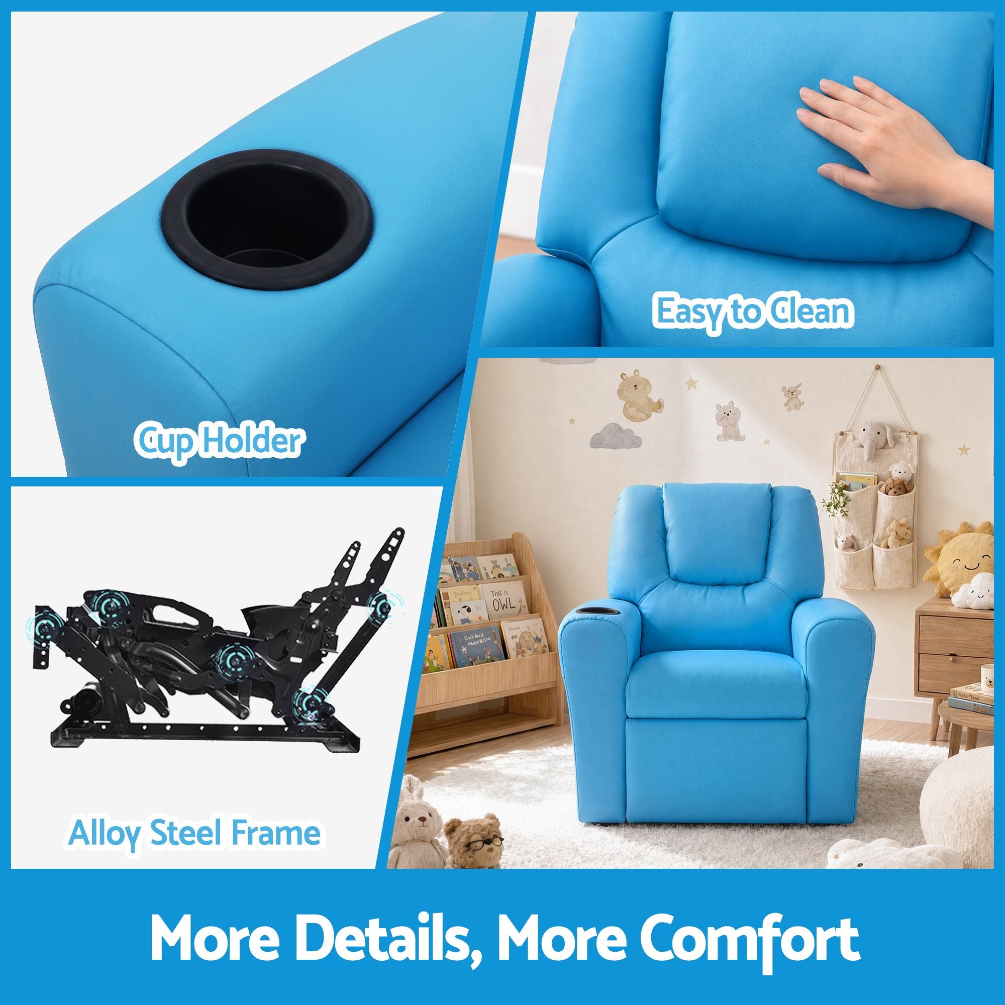 Keezi Kids Recliner Chair Blue PU Leather Sofa Lounge Couch Children Armchair
