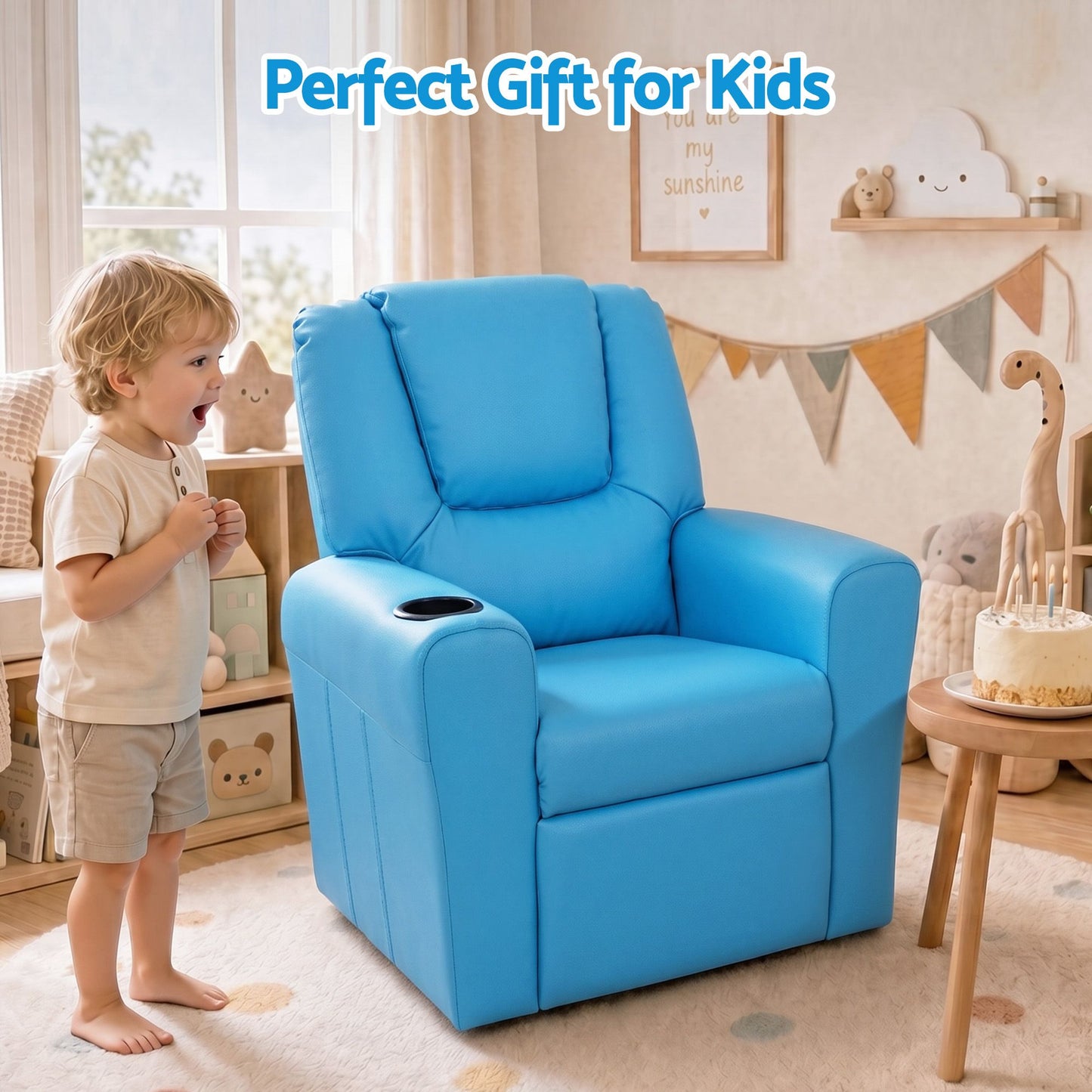 Keezi Kids Recliner Chair Blue PU Leather Sofa Lounge Couch Children Armchair KID-RECLINER-BU