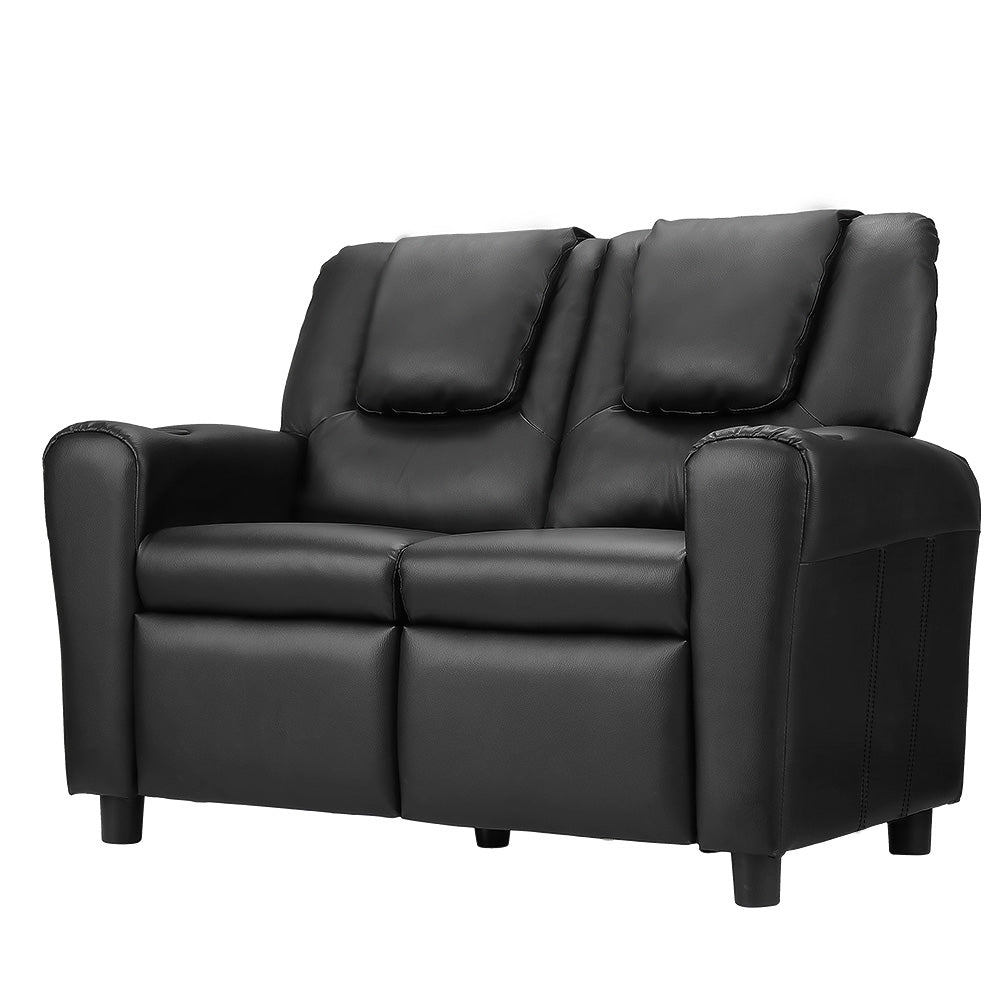 Keezi Kids Recliner Chair Double PU Leather Sofa Lounge Couch Armchair Black KID-RECLINER-DOUBLE-BK