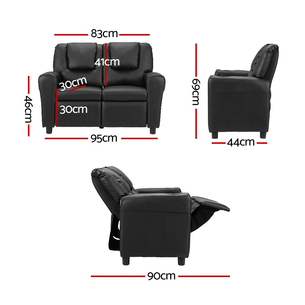 Keezi Kids Recliner Chair Double PU Leather Sofa Lounge Couch Armchair Black KID-RECLINER-DOUBLE-BK