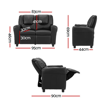 Keezi Kids Recliner Chair Double PU Leather Sofa Lounge Couch Armchair Black KID-RECLINER-DOUBLE-BK