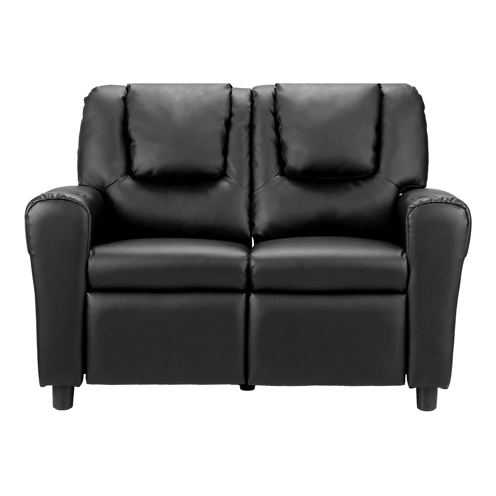 Keezi Kids Recliner Chair Double PU Leather Sofa Lounge Couch Armchair Black KID-RECLINER-DOUBLE-BK