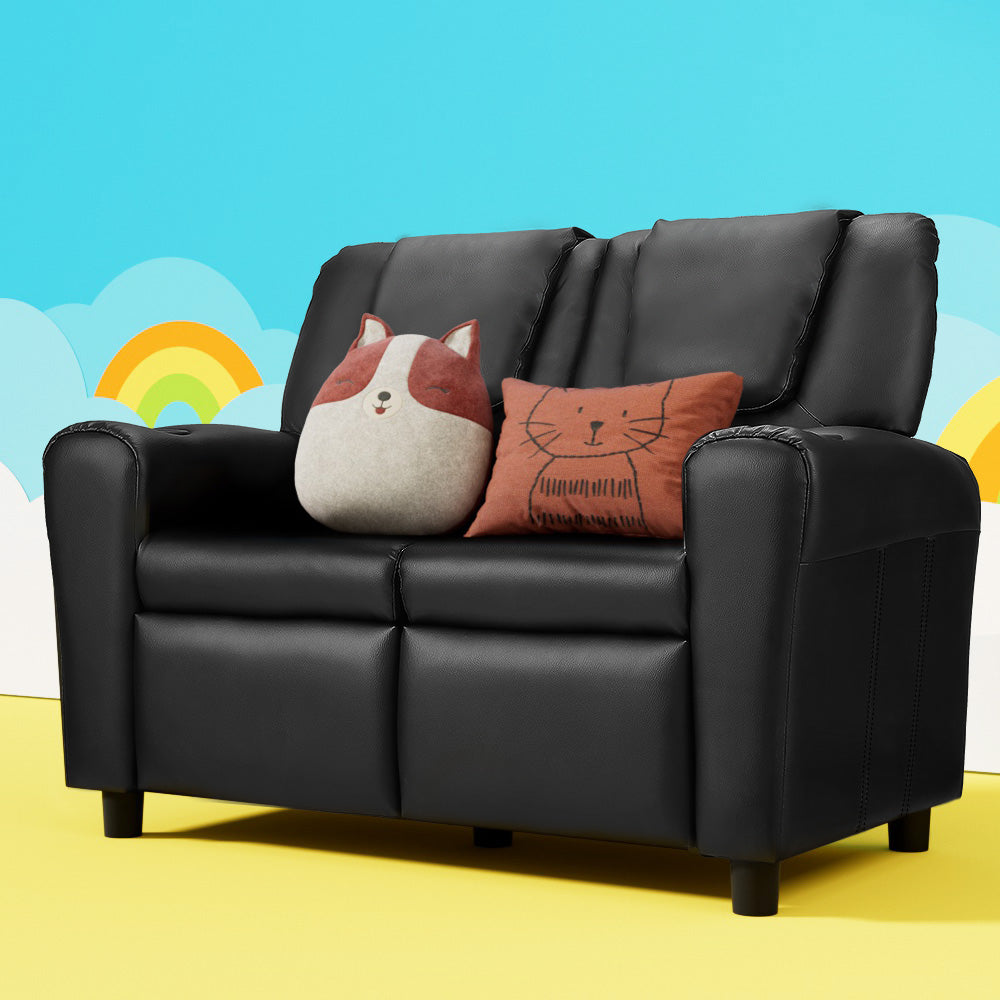 Keezi Kids Recliner Chair Double PU Leather Sofa Lounge Couch Armchair Black KID-RECLINER-DOUBLE-BK