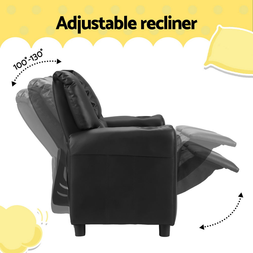 Keezi Kids Recliner Chair Double PU Leather Sofa Lounge Couch Armchair Black KID-RECLINER-DOUBLE-BK