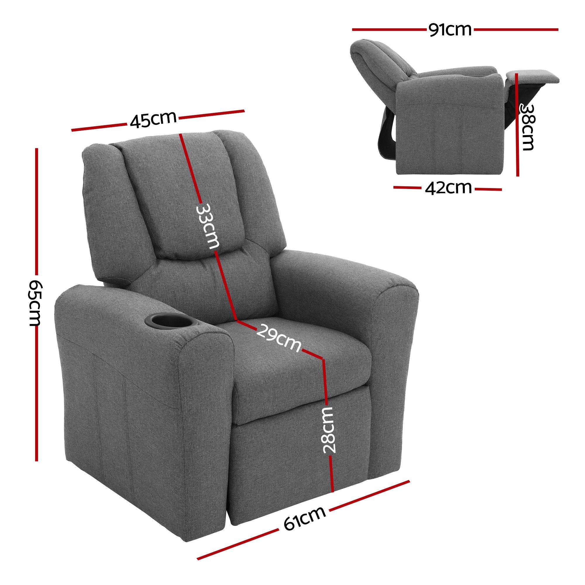 Keezi Kids Recliner Chair Grey Linen Soft Sofa Lounge Couch Children Armchair KID-RECLINER-GY