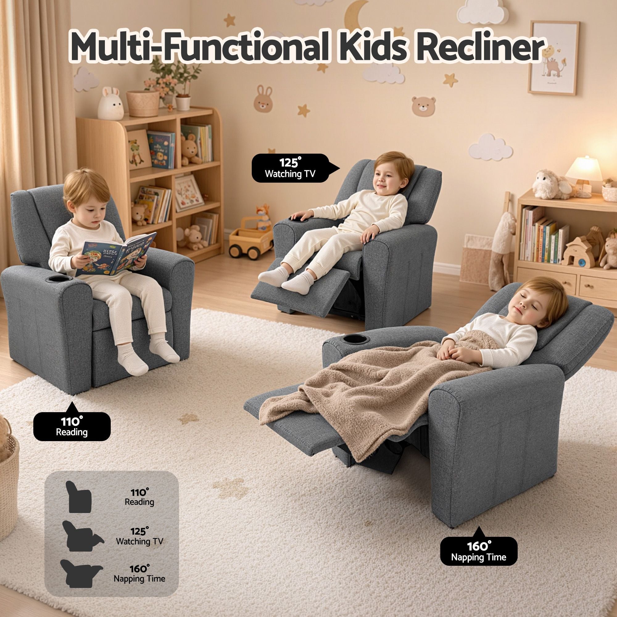 Keezi Kids Recliner Chair Grey Linen Soft Sofa Lounge Couch Children Armchair KID-RECLINER-GY