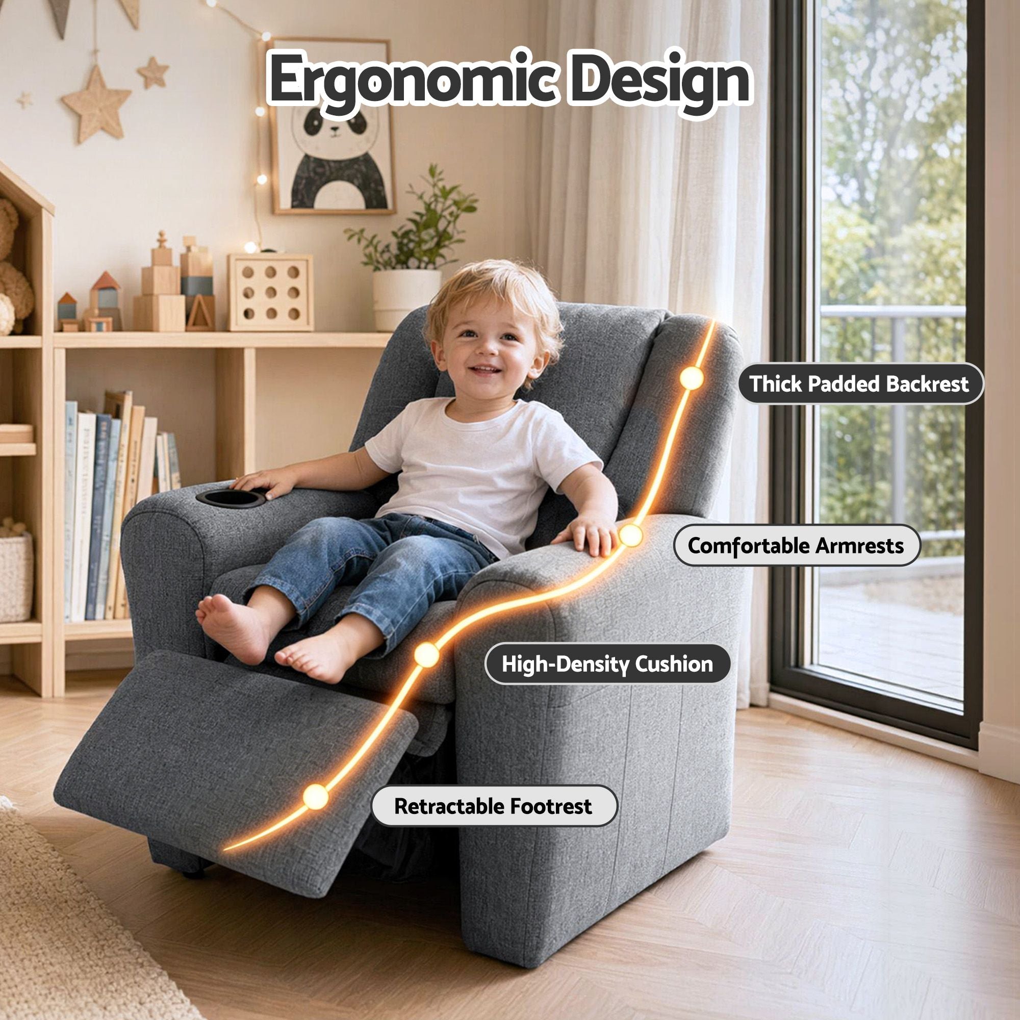 Keezi Kids Recliner Chair Grey Linen Soft Sofa Lounge Couch Children Armchair KID-RECLINER-GY