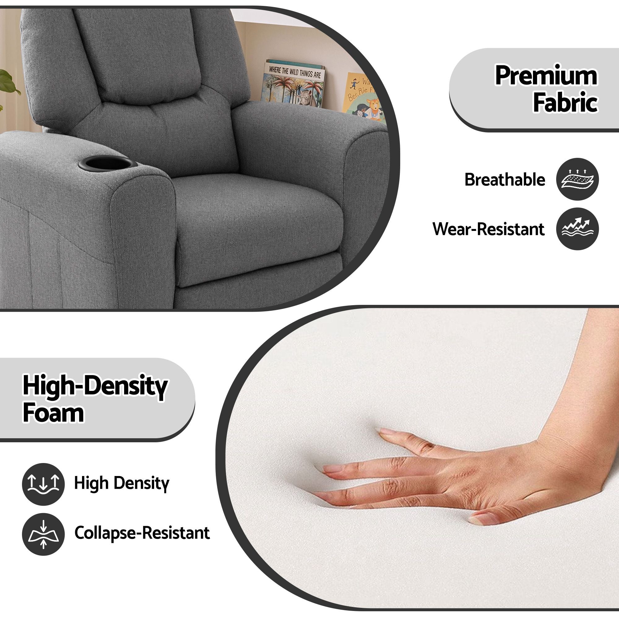 Keezi Kids Recliner Chair Grey Linen Soft Sofa Lounge Couch Children Armchair KID-RECLINER-GY