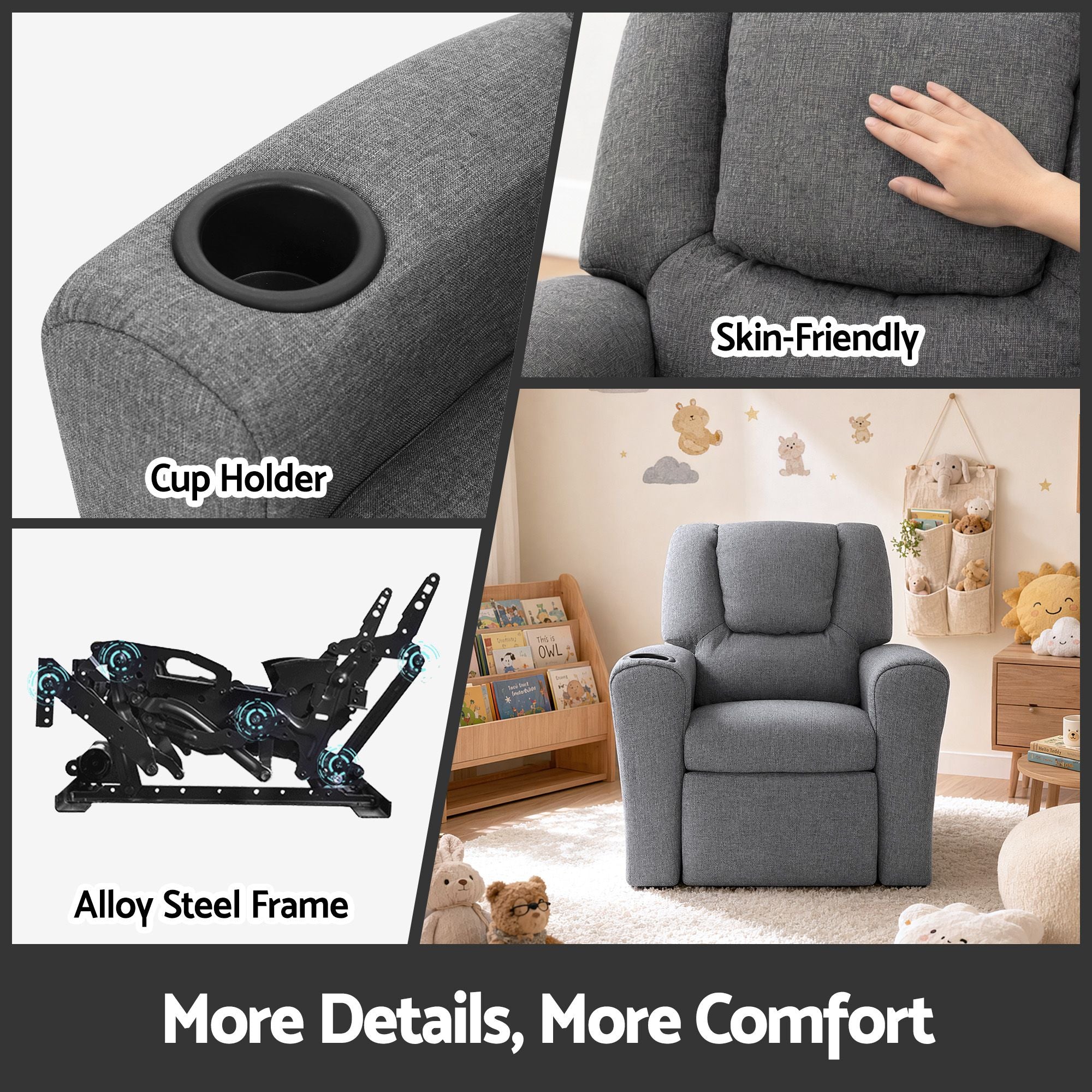 Keezi Kids Recliner Chair Grey Linen Soft Sofa Lounge Couch Children Armchair KID-RECLINER-GY