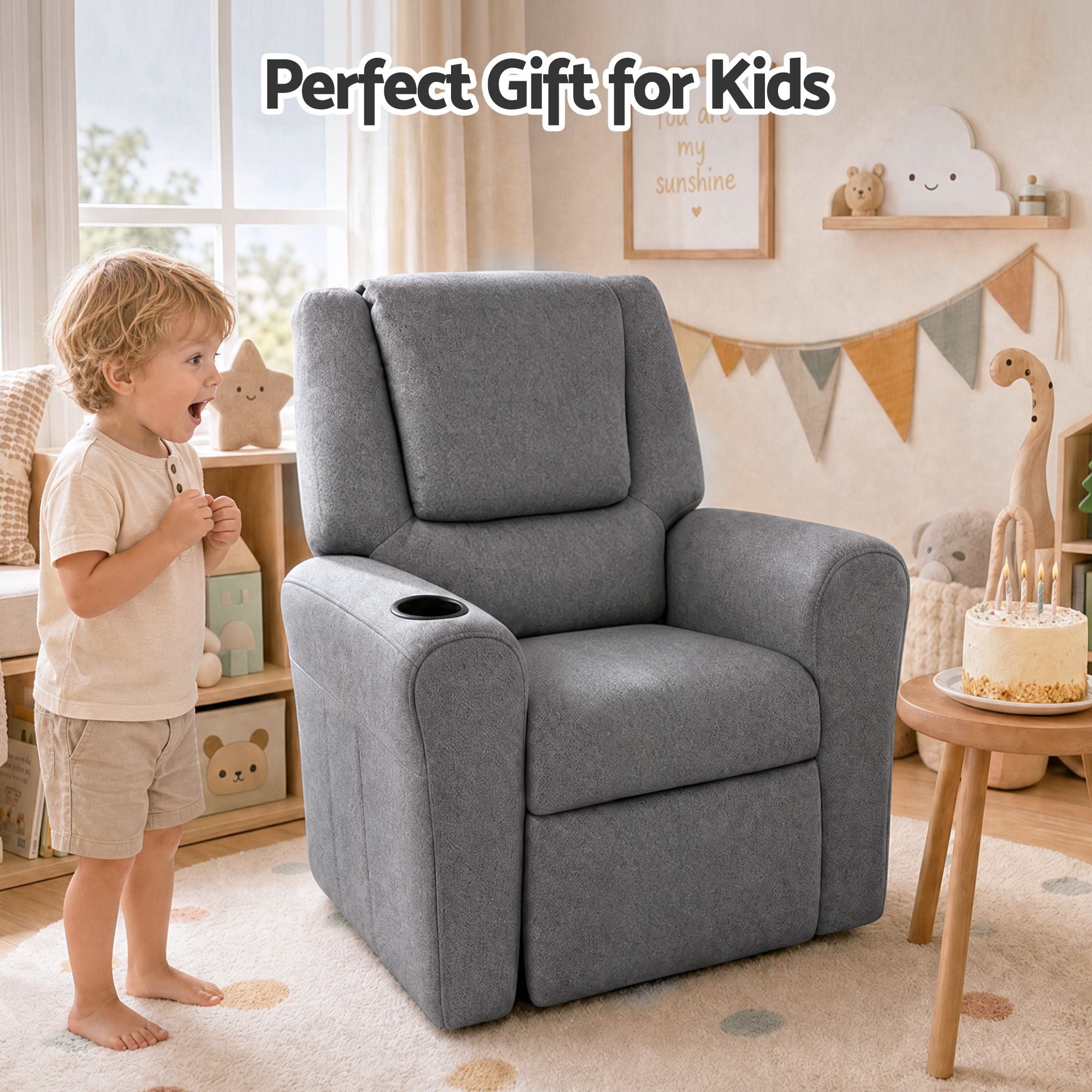 Keezi Kids Recliner Chair Grey Linen Soft Sofa Lounge Couch Children Armchair KID-RECLINER-GY