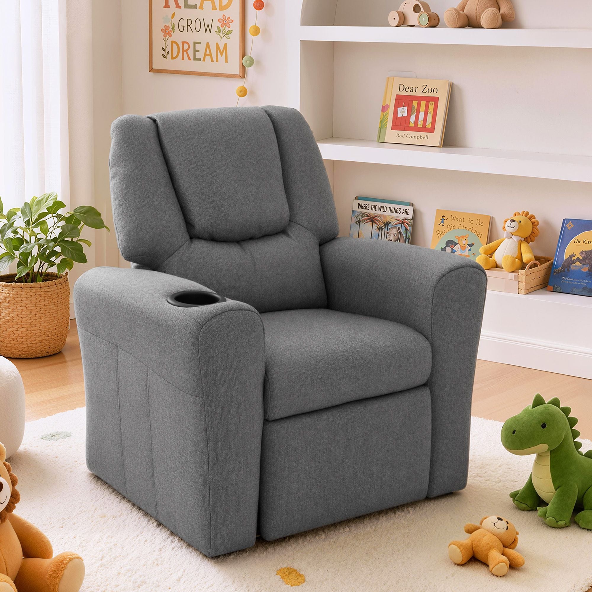 Keezi Kids Recliner Chair Grey Linen Soft Sofa Lounge Couch Children Armchair KID-RECLINER-GY