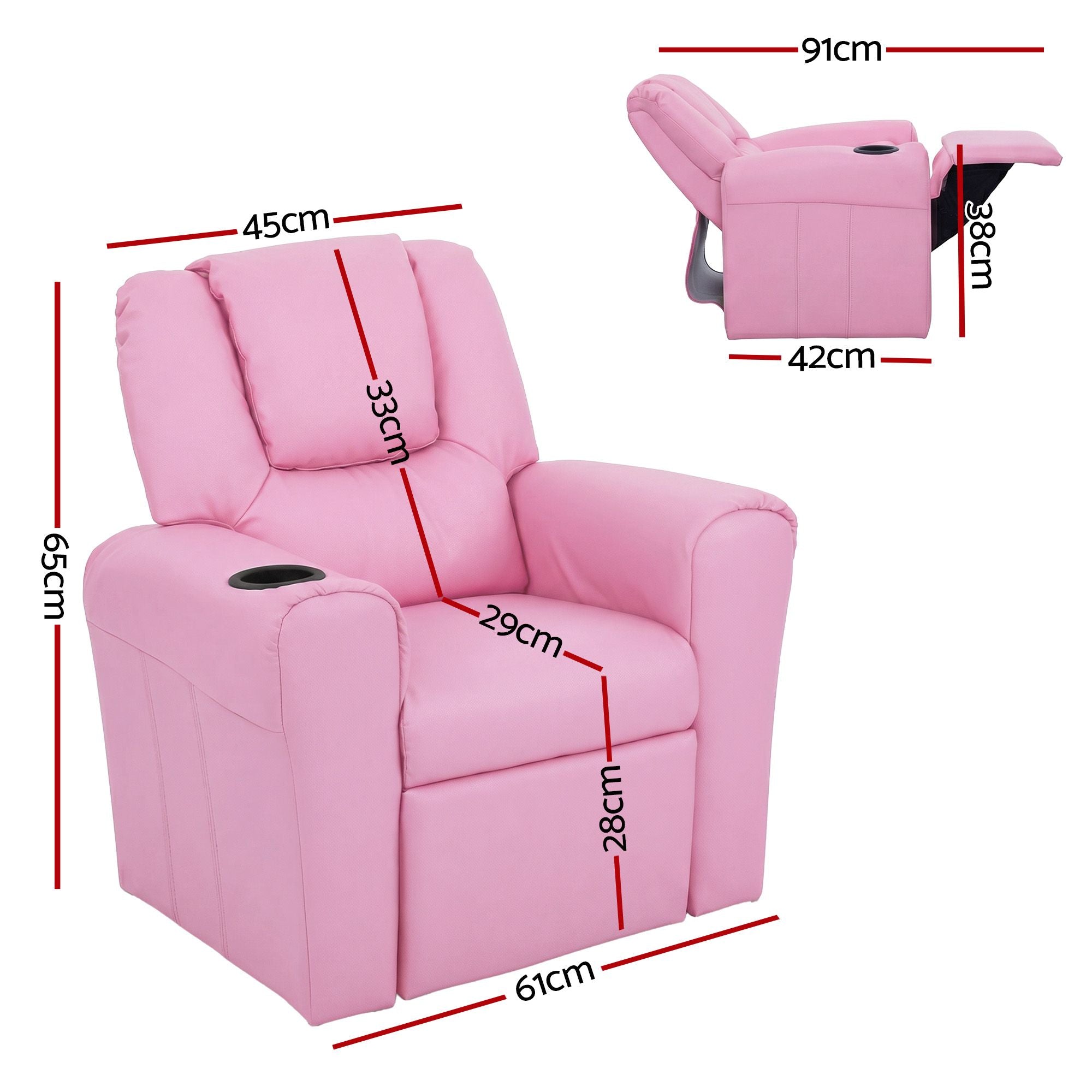 Keezi Kids Recliner Chair Pink PU Leather Sofa Lounge Couch Children Armchair