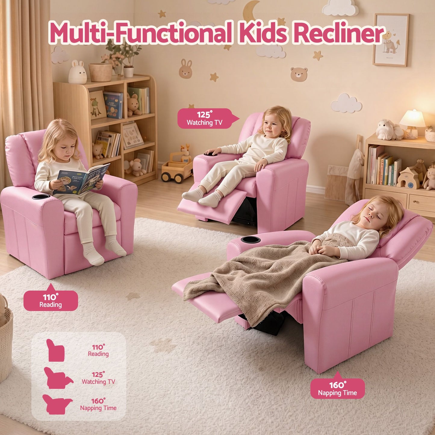 Keezi Kids Recliner Chair Pink PU Leather Sofa Lounge Couch Children Armchair KID-RECLINER-PK