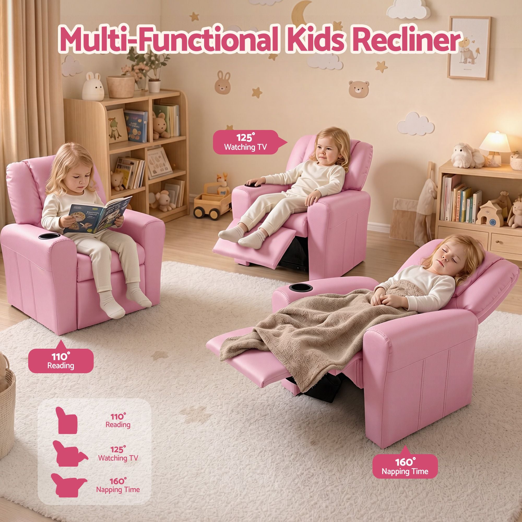 Keezi Kids Recliner Chair Pink PU Leather Sofa Lounge Couch Children Armchair