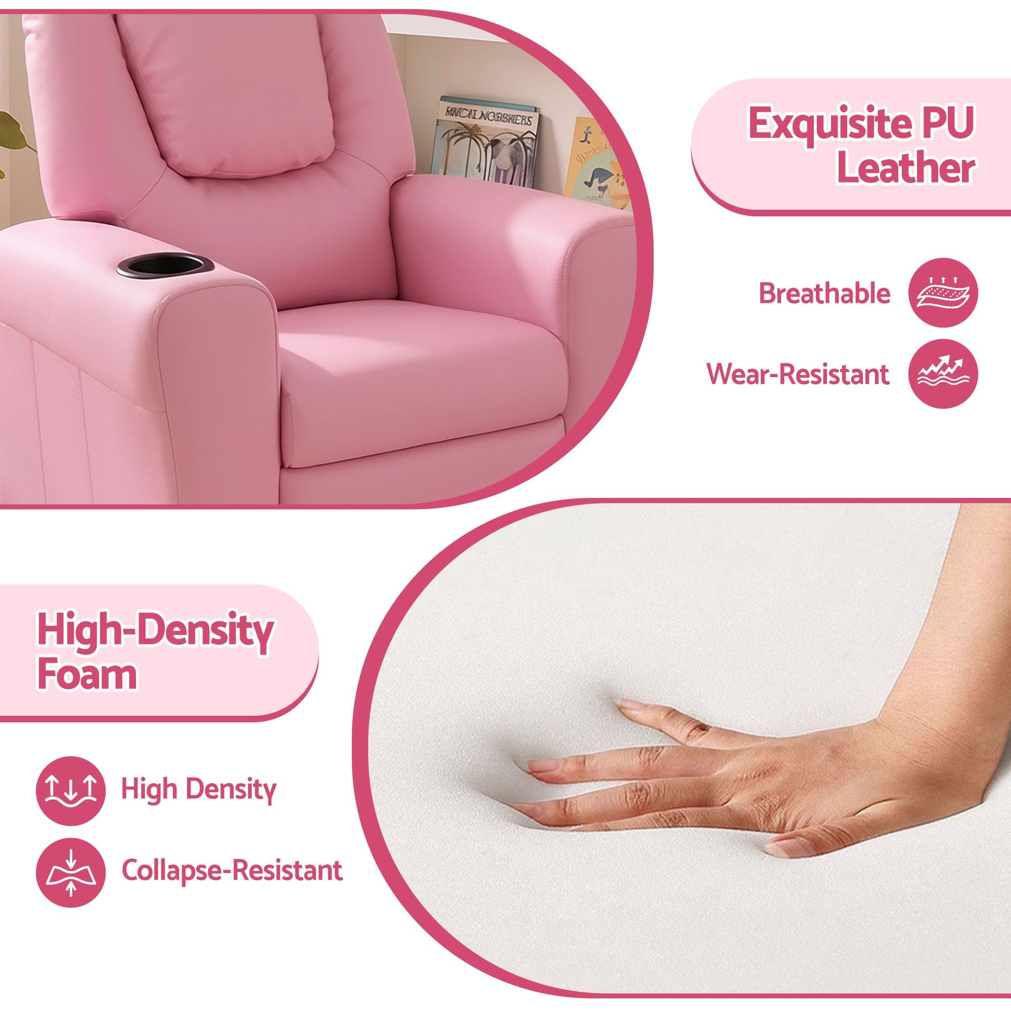 Keezi Kids Recliner Chair Pink PU Leather Sofa Lounge Couch Children Armchair