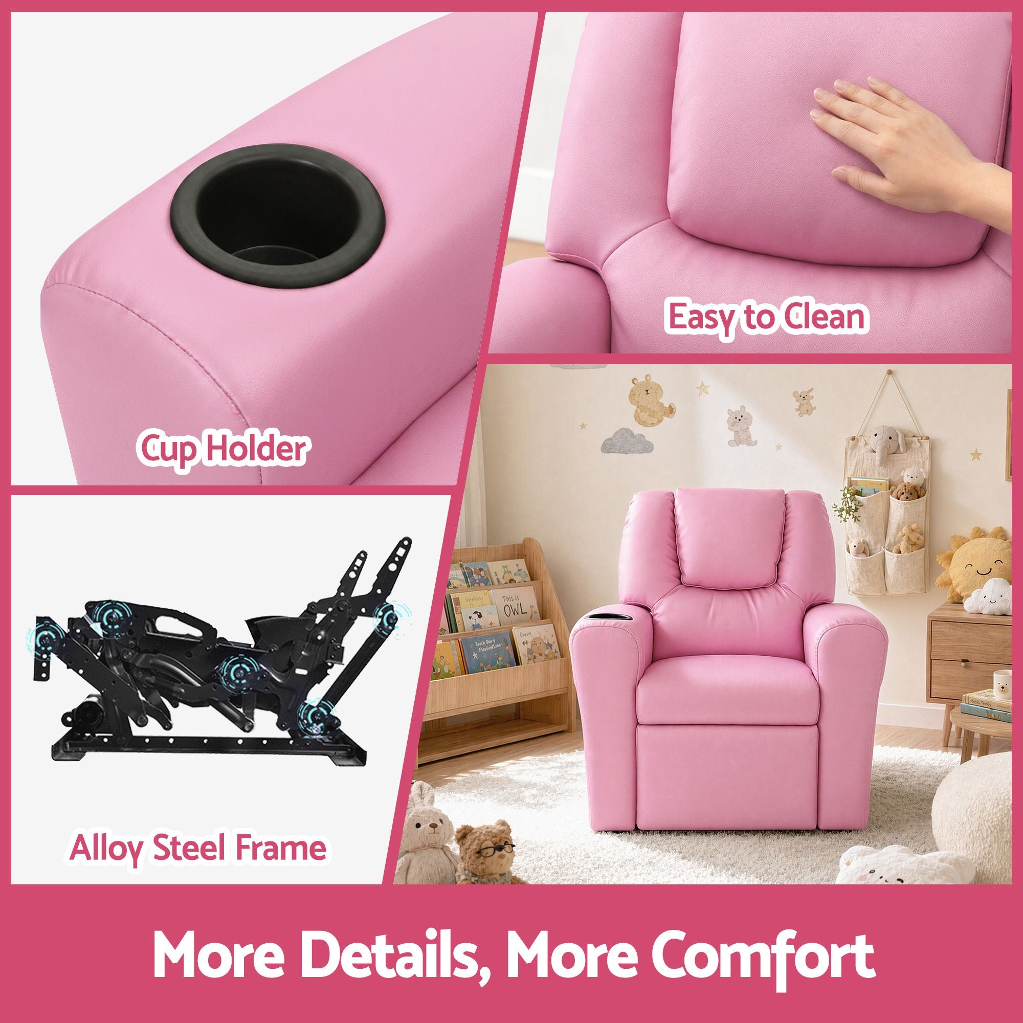 Keezi Kids Recliner Chair Pink PU Leather Sofa Lounge Couch Children Armchair