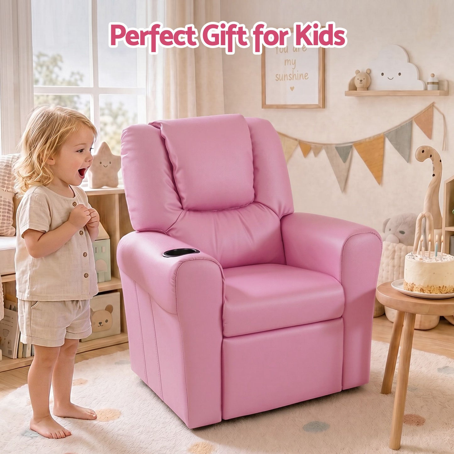 Keezi Kids Recliner Chair Pink PU Leather Sofa Lounge Couch Children Armchair KID-RECLINER-PK