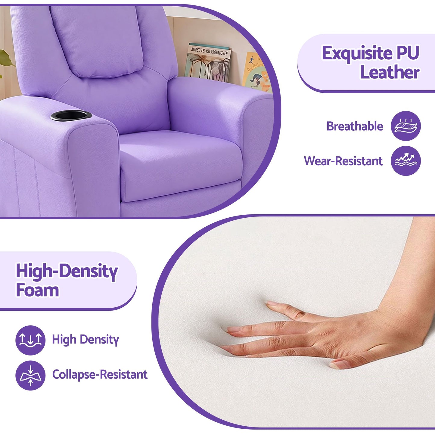 Keezi Kids Recliner Chair Purple PU Leather Sofa Lounge Couch Children Armchair KID-RECLINER-PUR