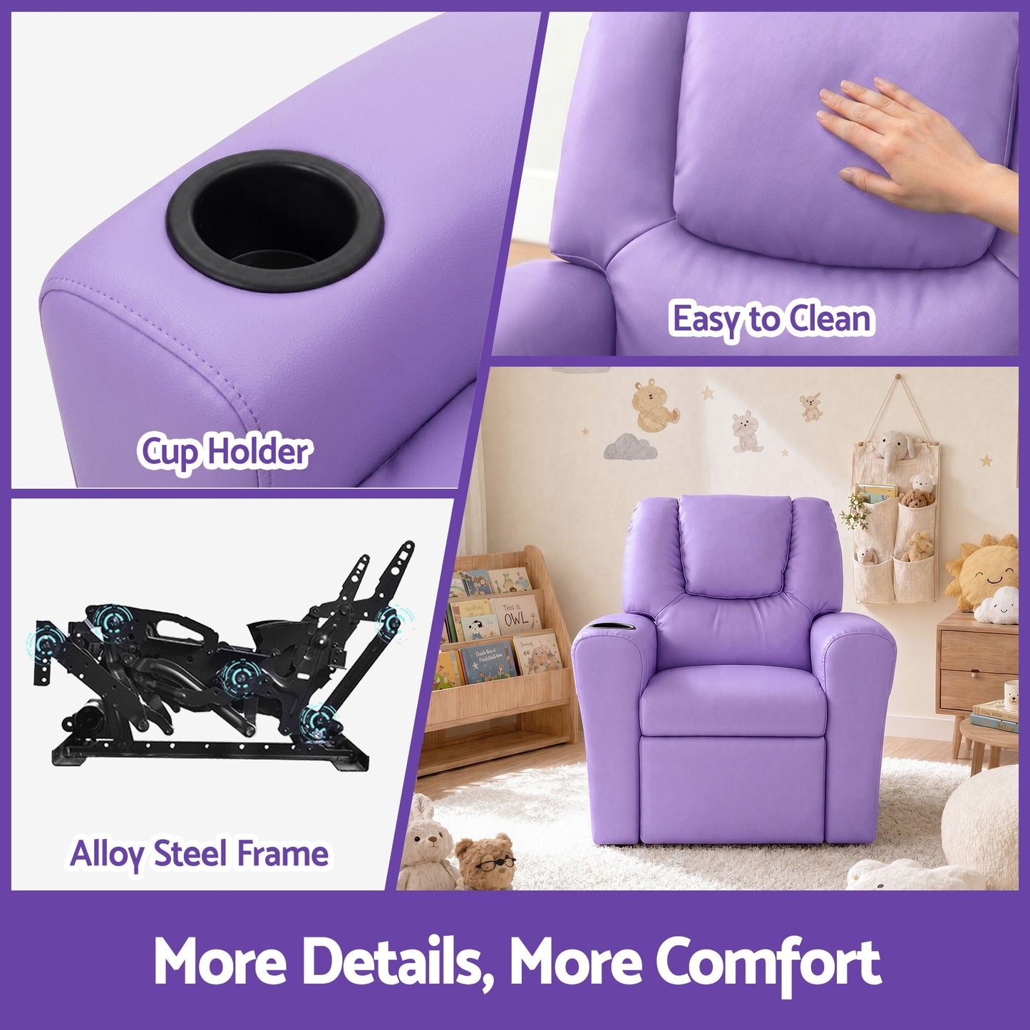 Keezi Kids Recliner Chair Purple PU Leather Sofa Lounge Couch Children Armchair KID-RECLINER-PUR