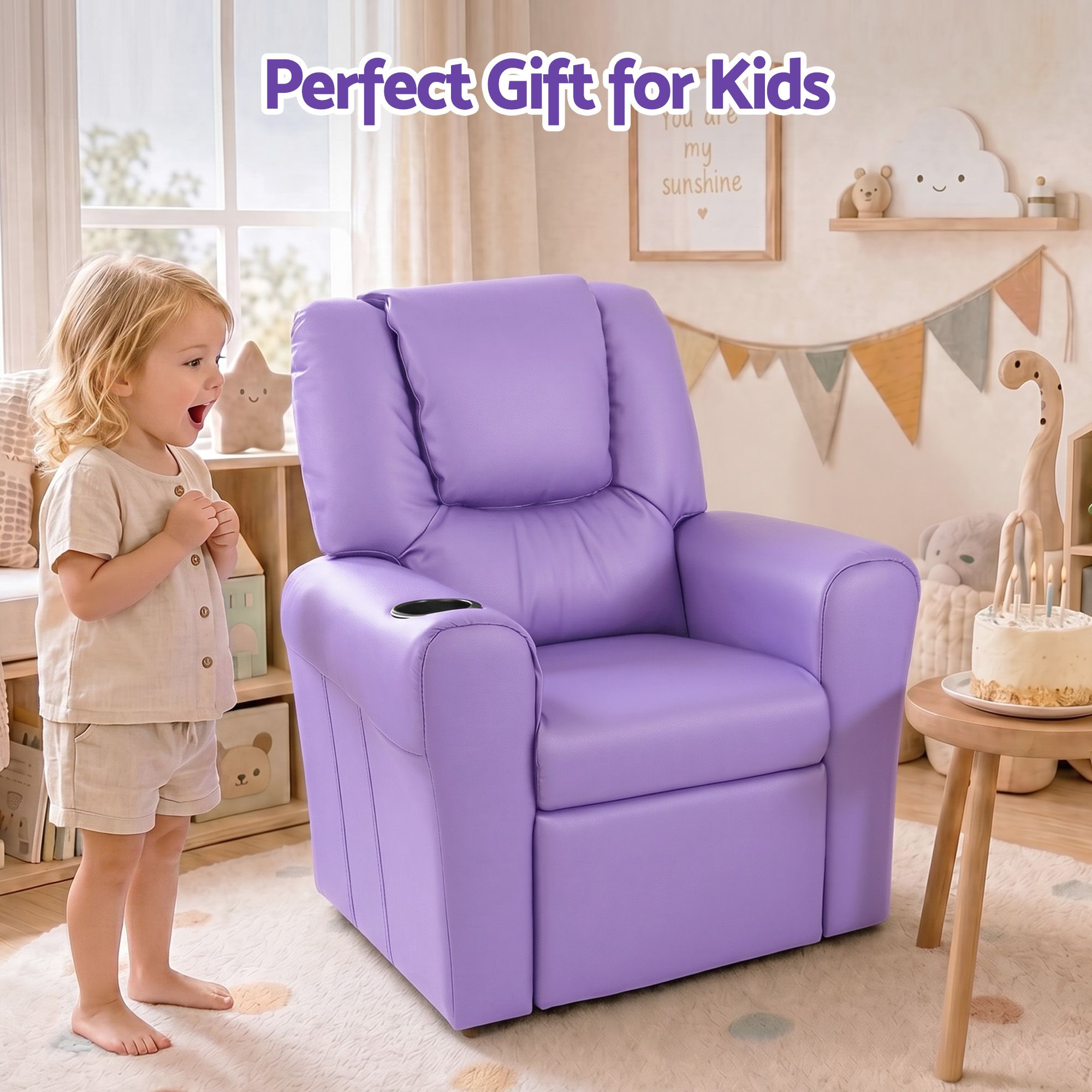 Keezi Kids Recliner Chair Purple PU Leather Sofa Lounge Couch Children Armchair