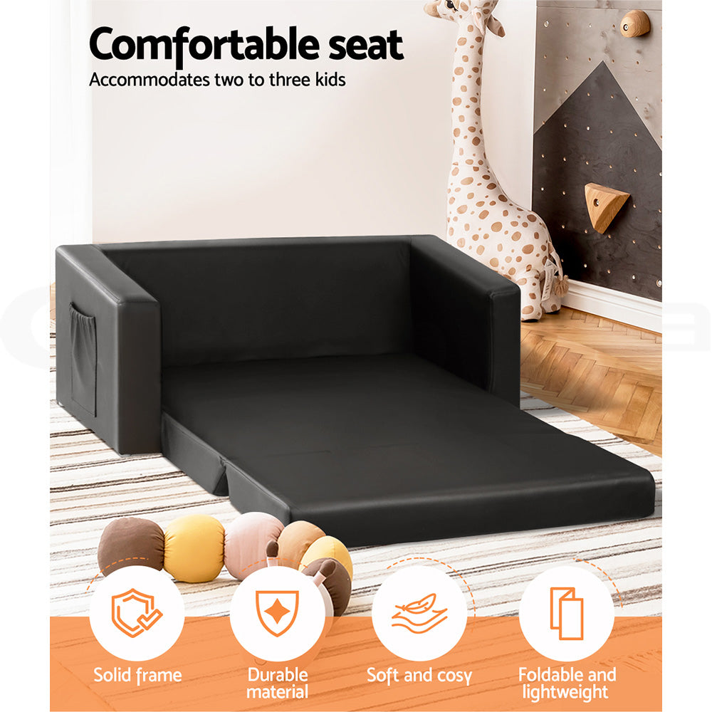 Keezi Kids Sofa 2 Seater Children Flip Open Couch PU Leather Armchair Black KID-SOFA-BK