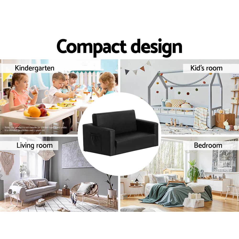 Keezi Kids Sofa 2 Seater Children Flip Open Couch PU Leather Armchair Black KID-SOFA-BK