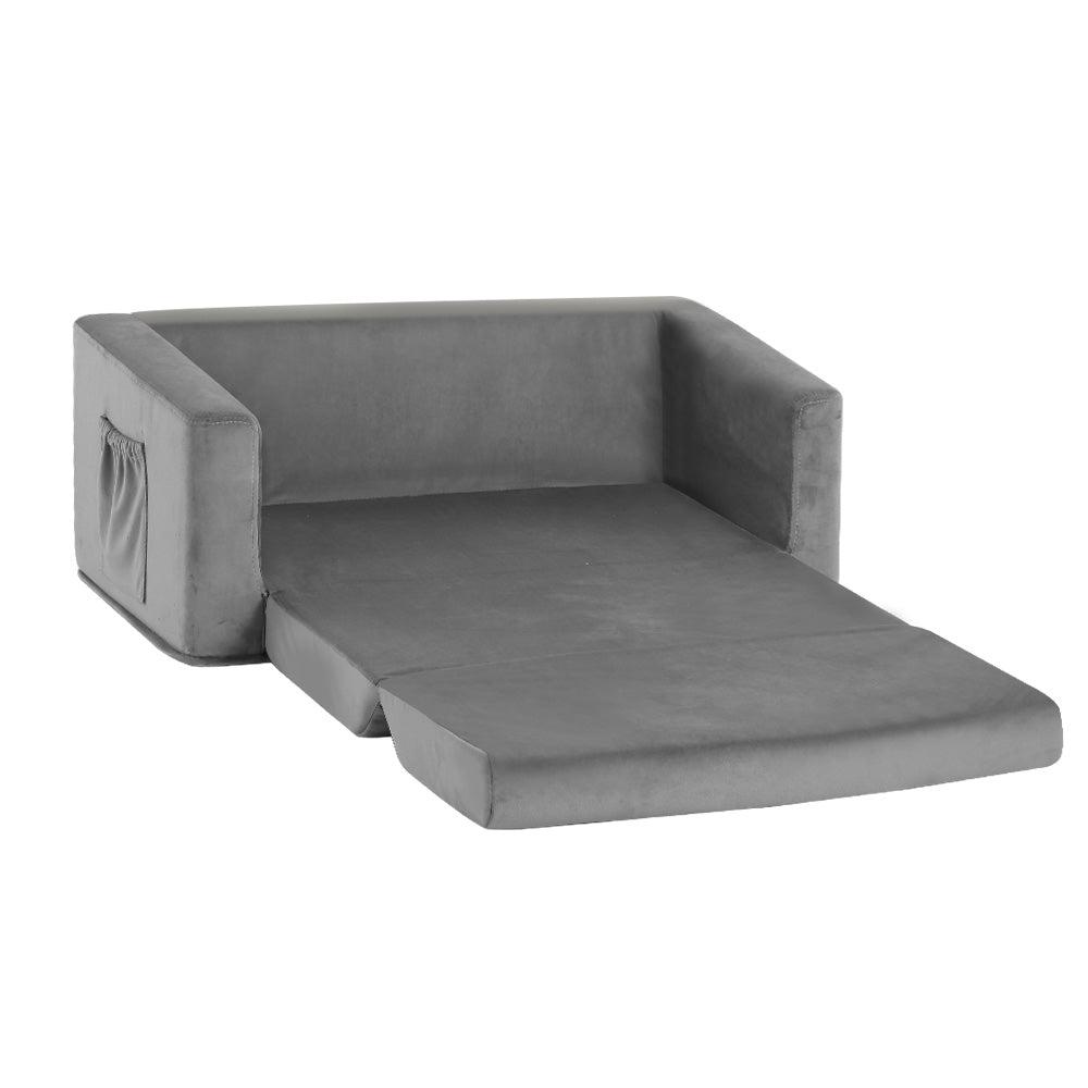 Keezi Kids Sofa 2 Seater Children Flip Open Couch Velvet Armchair Grey KID-SOFA-GY