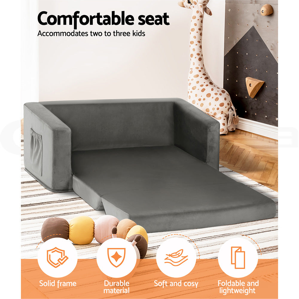 Keezi Kids Sofa 2 Seater Children Flip Open Couch Velvet Armchair Grey KID-SOFA-GY