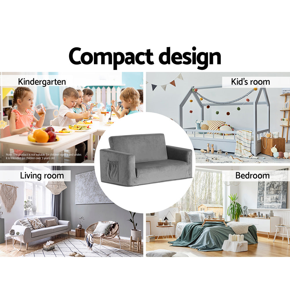 Keezi Kids Sofa 2 Seater Children Flip Open Couch Velvet Armchair Grey KID-SOFA-GY