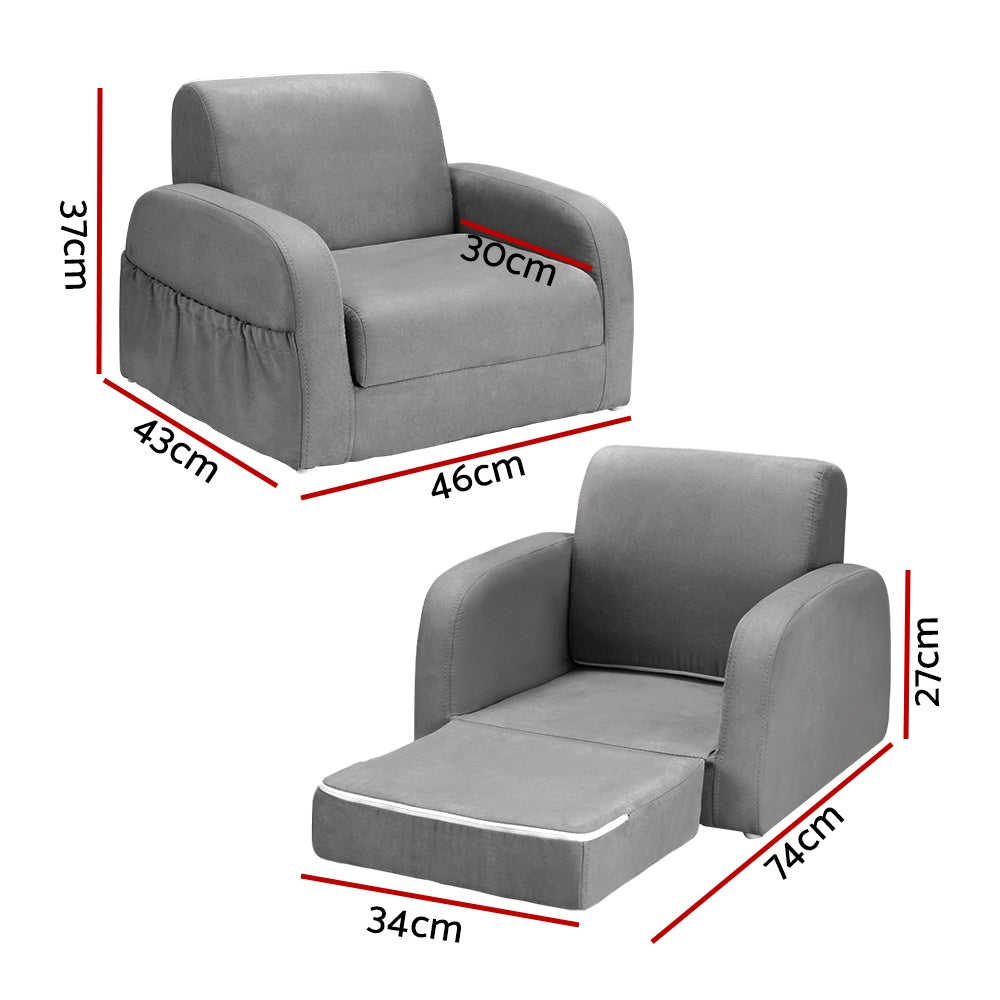 Keezi Kids Sofa 1 Seater Children Flip Open Couch Lounger Armchair Soft Grey KID-SOFA-SINGLE-GY