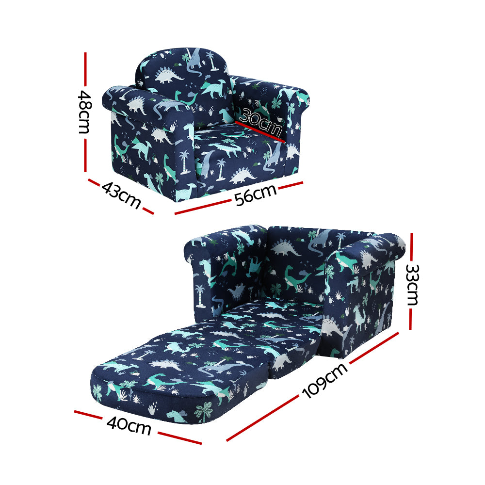 Keezi Kids Sofa 1 Seater Children Flip Open Couch Lounger Armchair Dinosaur Navy KID-SOFA-SINGLE-NY