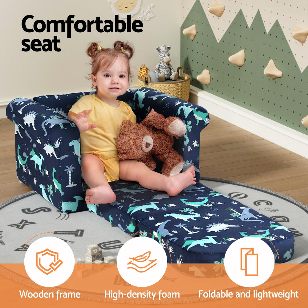 Keezi Kids Sofa 1 Seater Children Flip Open Couch Lounger Armchair Dinosaur Navy KID-SOFA-SINGLE-NY