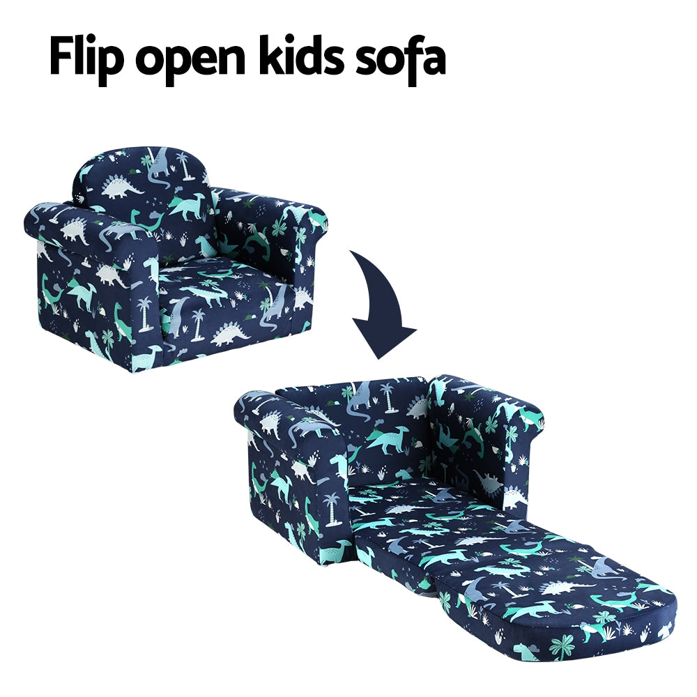 Keezi Kids Sofa 1 Seater Children Flip Open Couch Lounger Armchair Dinosaur Navy KID-SOFA-SINGLE-NY