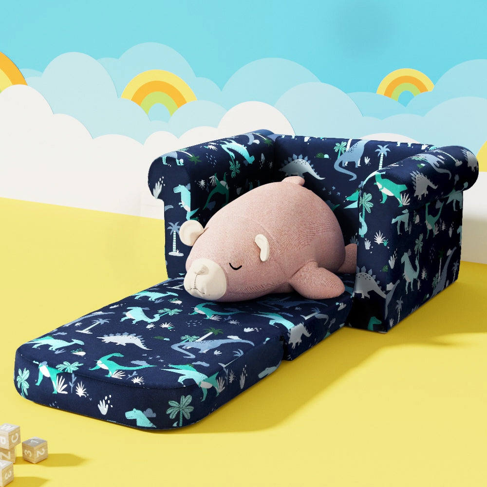 Keezi Kids Sofa 1 Seater Children Flip Open Couch Lounger Armchair Dinosaur Navy KID-SOFA-SINGLE-NY