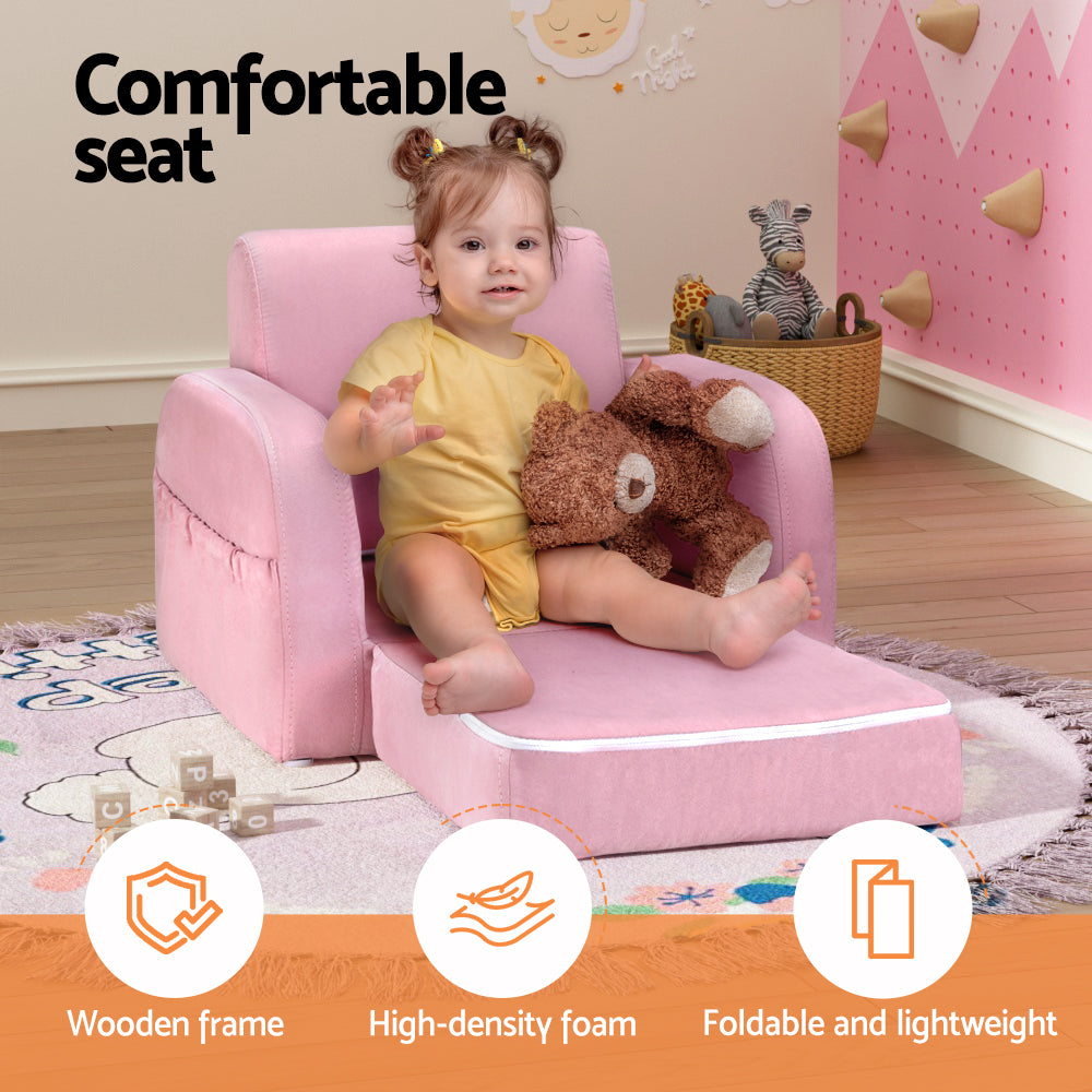 Keezi Kids Sofa 1 Seater Children Flip Open Couch Lounger Armchair Soft Pink KID-SOFA-SINGLE-PK