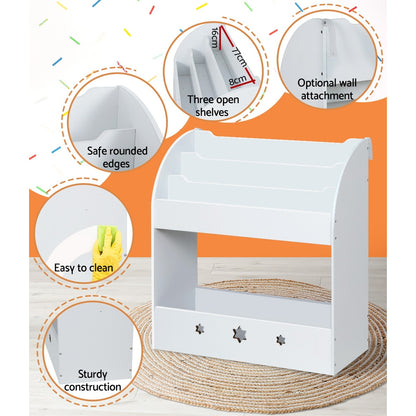 Keezi 3 Tiers Kids Bookshelf Magazine Shelf Organiser Bookcase Display White KID-TBK-WH