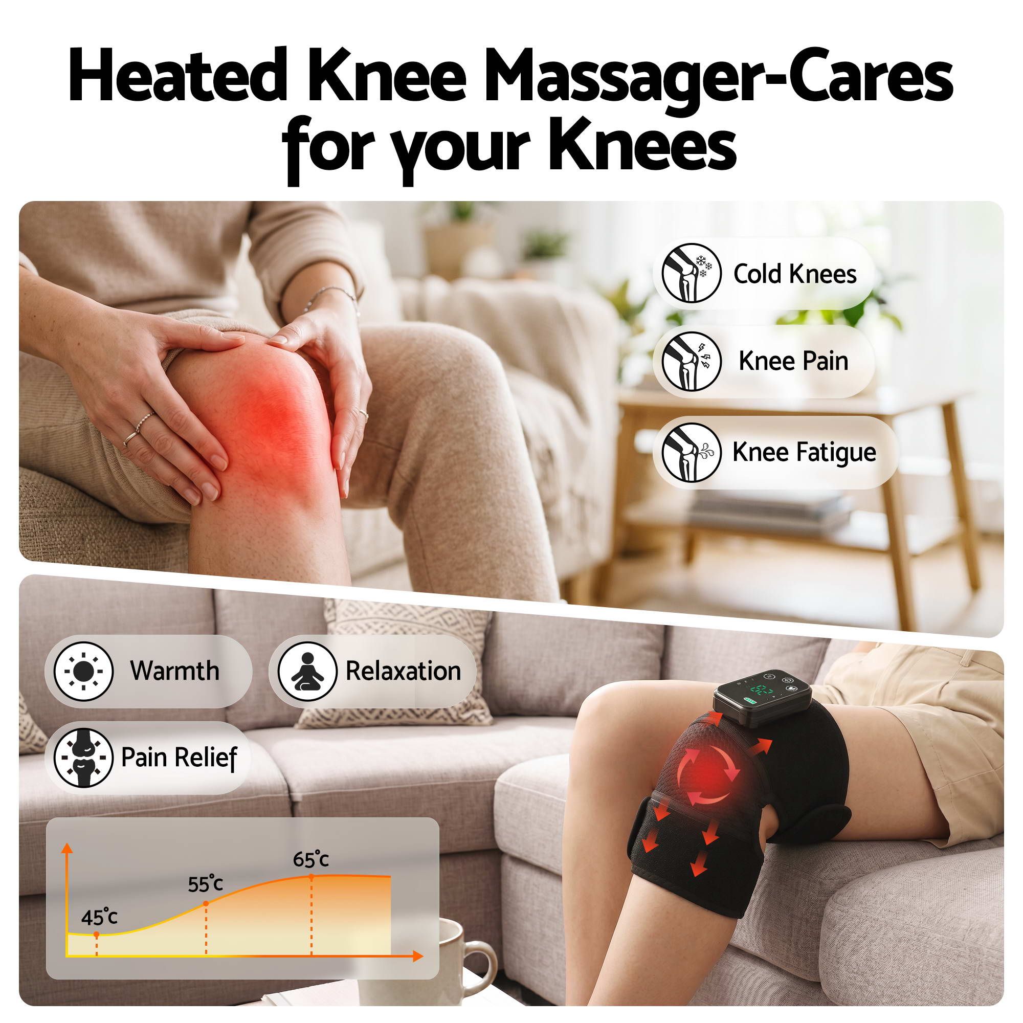 Livemor Knee Massager with Heat (2 Pack), Cordless Heated Knee Massage for Pain Relief with 3 Heating Levels, KNEE-MASSAGE-02-BKX2