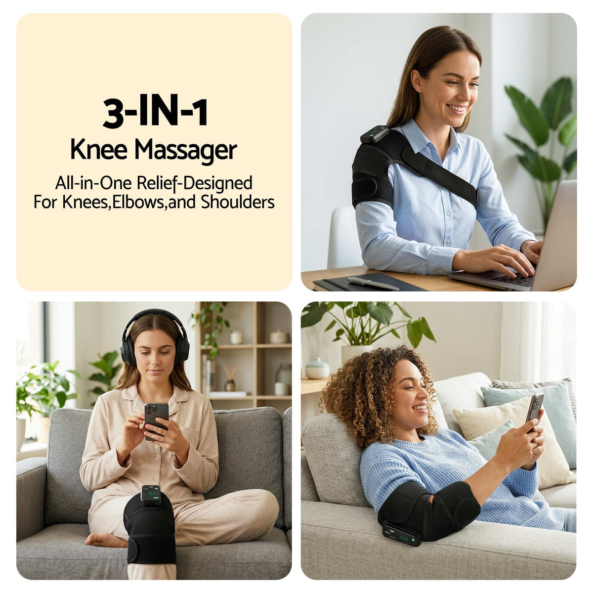 Livemor Knee Massager with Heat (2 Pack), Cordless Heated Knee Massage for Pain Relief with 3 Heating Levels, KNEE-MASSAGE-02-BKX2
