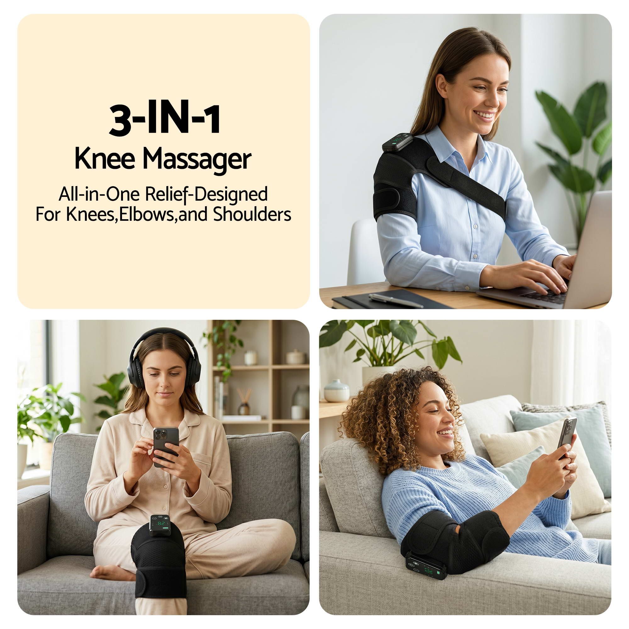 Livemor Knee Massager with Heat (2 Pack), Cordless Heated Knee Massage for Pain Relief with 3 Heating Levels, KNEE-MASSAGE-02-BKX2