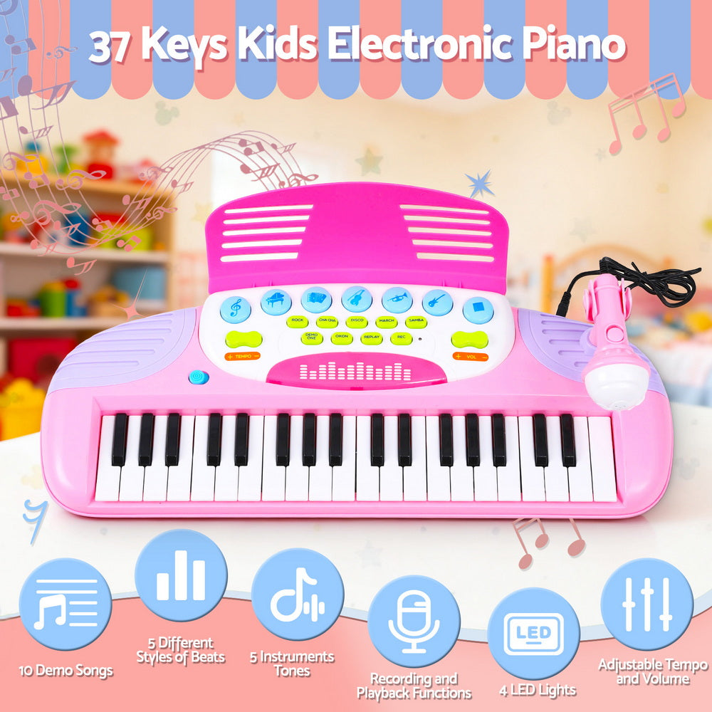 Keezi Kids Piano Keyboard 37 Keys Electronic Musical Instrument Set w/ Stool Microphone KPK-37-PK