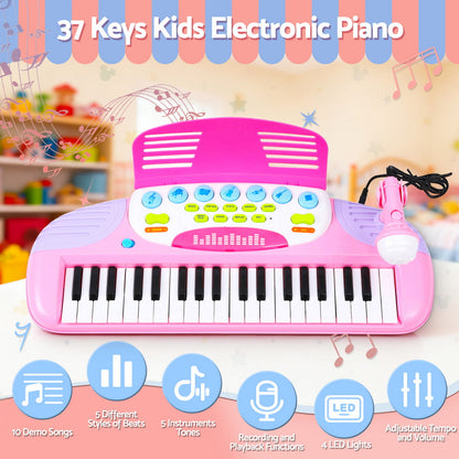 Keezi Kids Piano Keyboard 37 Keys Electronic Musical Instrument Set w/ Stool Microphone KPK-37-PK