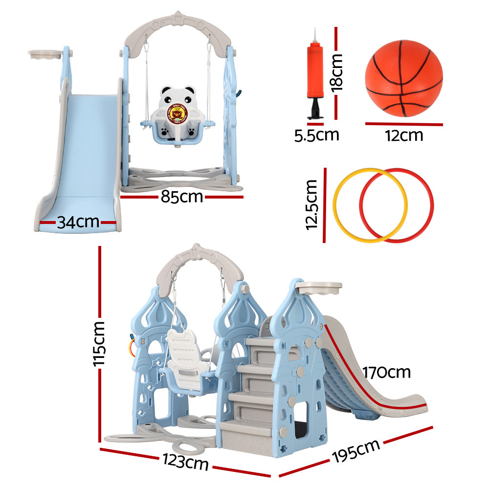 Keezi Kids Slide Swing Set Basketball Hoop Rings Outdoor Playground 170cm Blue KPS-7103-BU
