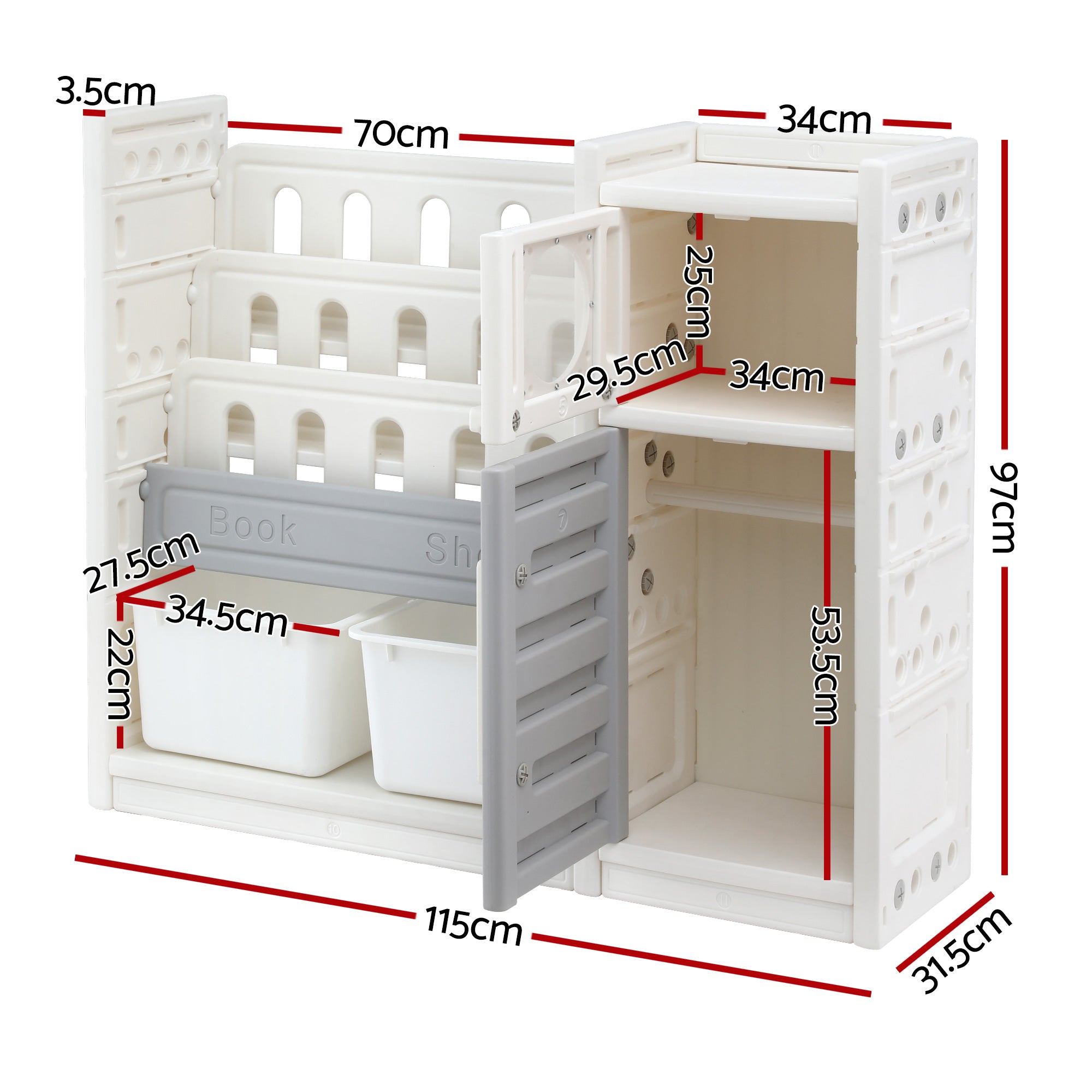 Keezi Kids Bookshelf and Toy Storage Organizer with 3-Tier Bookshelvs, 2 Removable Bins and 2 Storage KPS-BOOK3T-MUL-BG