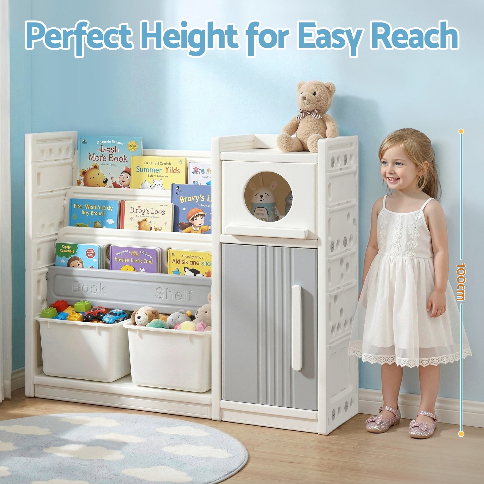Keezi Kids Bookshelf and Toy Storage Organizer with 3-Tier Bookshelvs, 2 Removable Bins and 2 Storage KPS-BOOK3T-MUL-BG