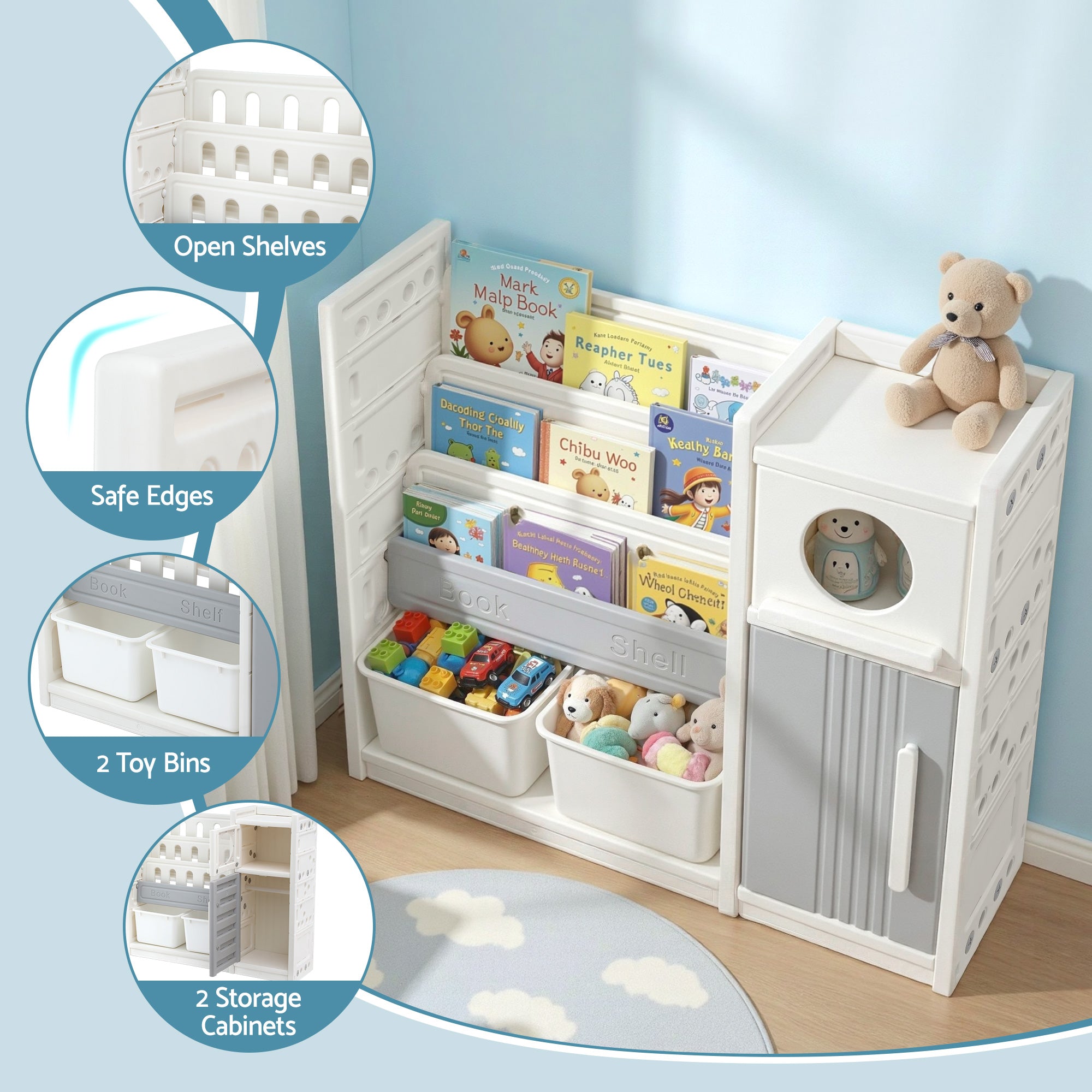 Keezi Kids Bookshelf and Toy Storage Organizer with 3-Tier Bookshelvs, 2 Removable Bins and 2 Storage KPS-BOOK3T-MUL-BG
