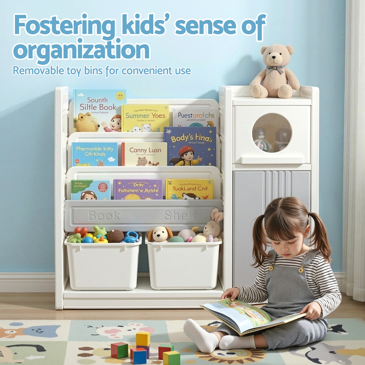 Keezi Kids Bookshelf and Toy Storage Organizer with 3-Tier Bookshelvs, 2 Removable Bins and 2 Storage KPS-BOOK3T-MUL-BG